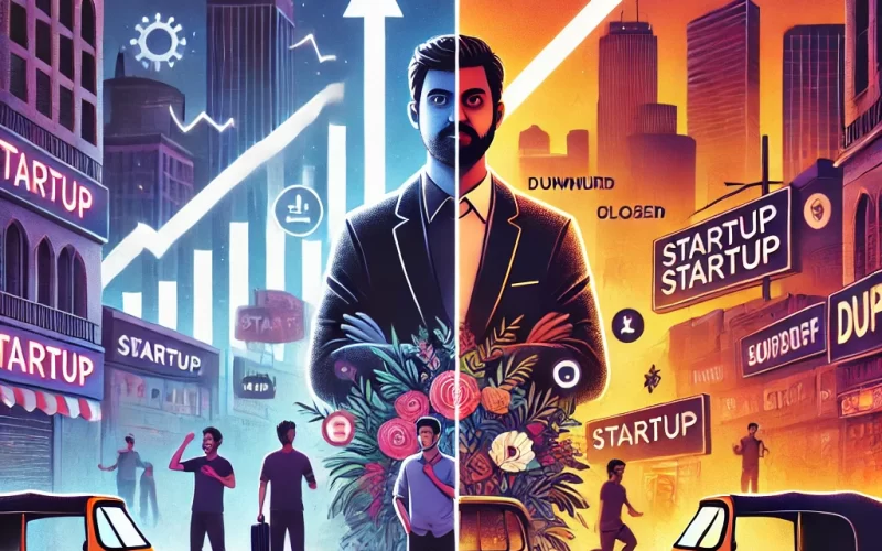 DALL·E 2025-04-07 13.39.20 - A symbolic digital illustration showing the rise and fall of startups in India. The image features a contrast between one side showing energetic young