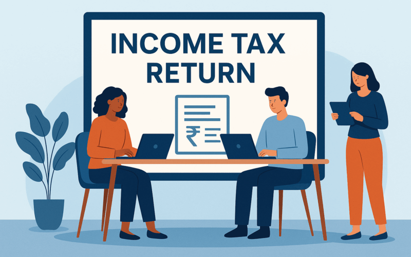 Three individuals filing their income tax returns using laptops and tablets in a modern office setting with an 'Income Tax Return' screen in the background.