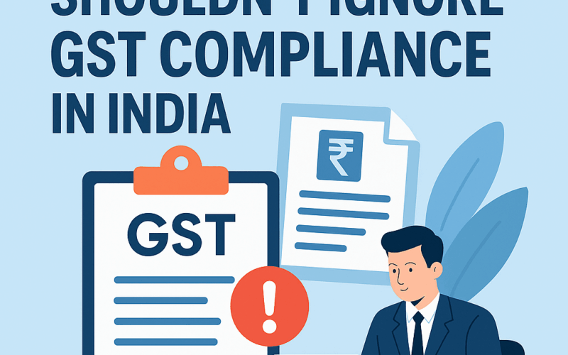 Illustration showing a businessman working on a laptop with a clipboard labeled “GST” and an exclamation mark, symbolizing the importance of GST compliance for small businesses in India.