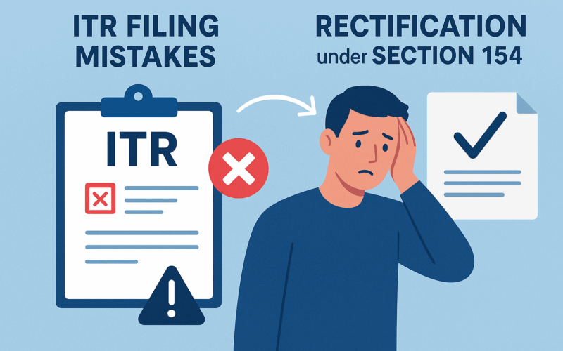 Alt text: Infographic showing common ITR filing mistakes and their rectification under Section 154, with an incorrect return marked by a red cross and a corrected return marked by a blue check.