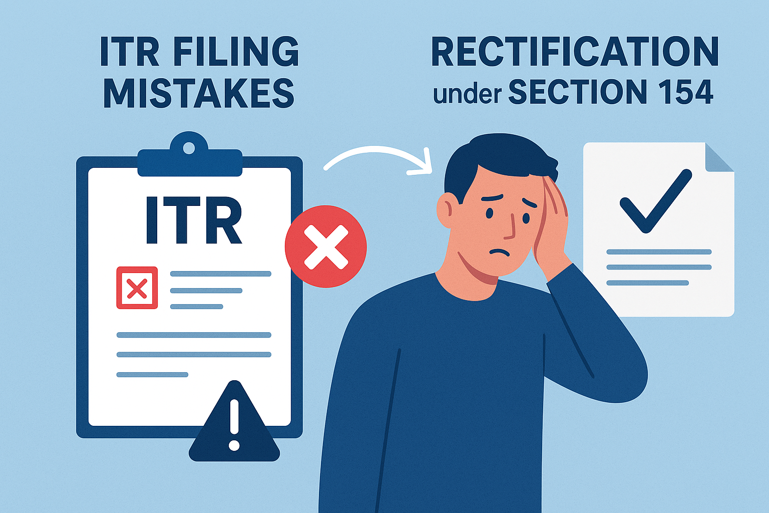 Alt text: Infographic showing common ITR filing mistakes and their rectification under Section 154, with an incorrect return marked by a red cross and a corrected return marked by a blue check.