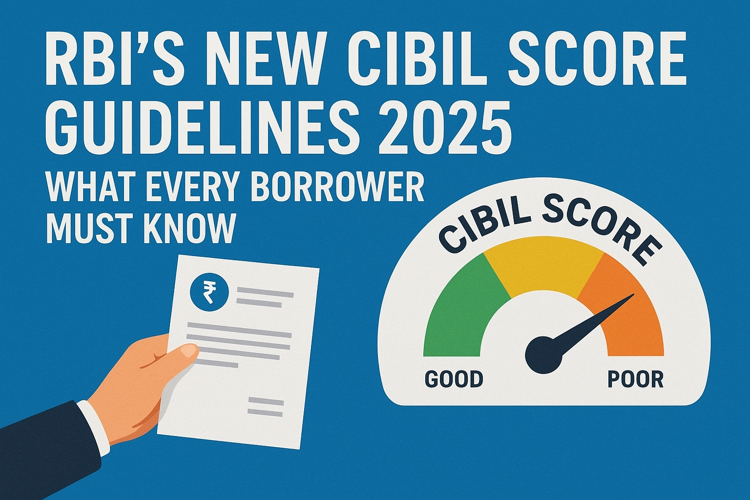 “Featured image illustrating RBI’s new CIBIL score guidelines 2025 with a credit score gauge, financial document, and headline text explaining what borrowers must know.”