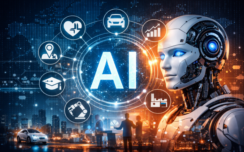 Artificial Intelligence concept illustration showing humanoid robot, digital network, and icons representing healthcare, finance, education, automation, and future technology.
