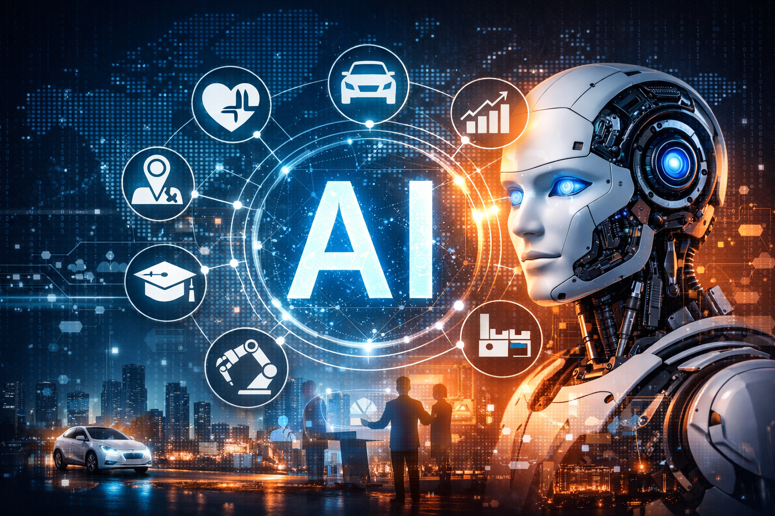 Artificial Intelligence concept illustration showing humanoid robot, digital network, and icons representing healthcare, finance, education, automation, and future technology.