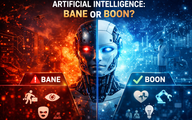 Split-screen illustration of humanoid robot representing Artificial Intelligence as bane and boon, showing risks like job loss and surveillance on one side and benefits like healthcare innovation, automation, and future technology on the other.