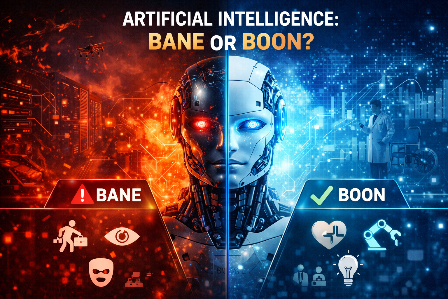 Split-screen illustration of humanoid robot representing Artificial Intelligence as bane and boon, showing risks like job loss and surveillance on one side and benefits like healthcare innovation, automation, and future technology on the other.