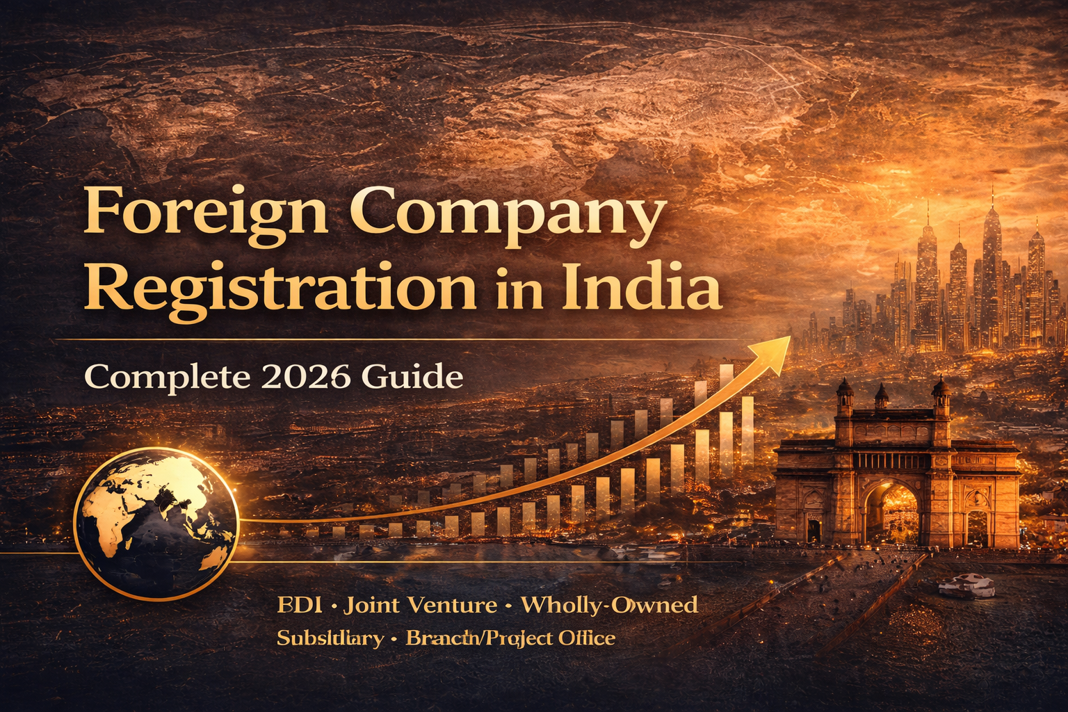 Step-by-step guide for foreign company registration in India showing global business expansion, corporate compliance, and India market entry concept.