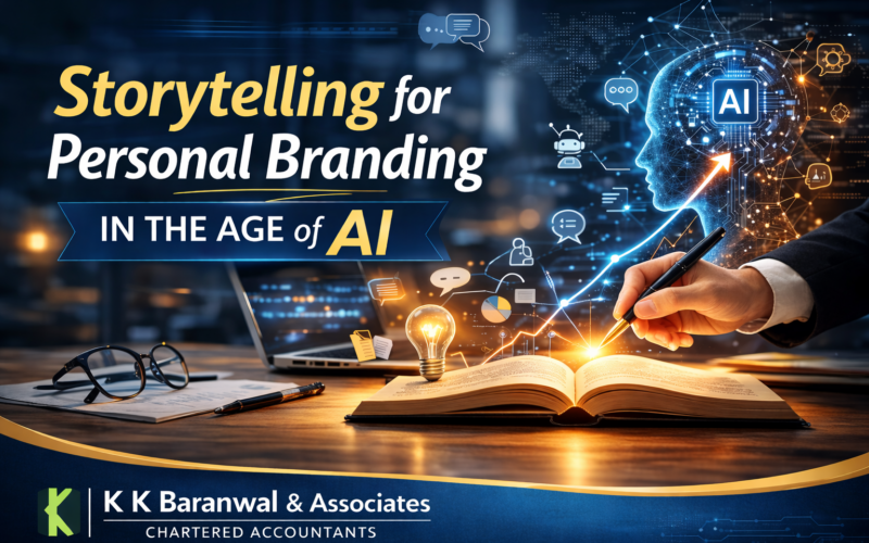 “Storytelling for personal branding in the age of AI concept image with AI technology, business analytics tools, and branding strategy visuals by K K Baranwal & Associates Chartered Accountants.”