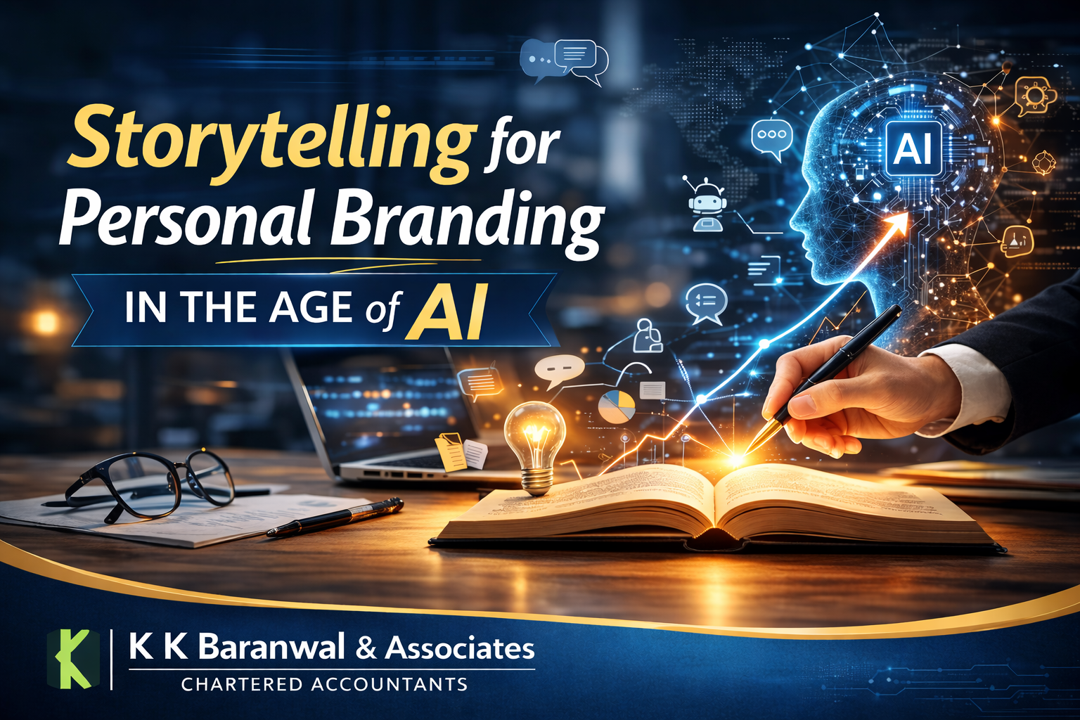 “Storytelling for personal branding in the age of AI concept image with AI technology, business analytics tools, and branding strategy visuals by K K Baranwal & Associates Chartered Accountants.”