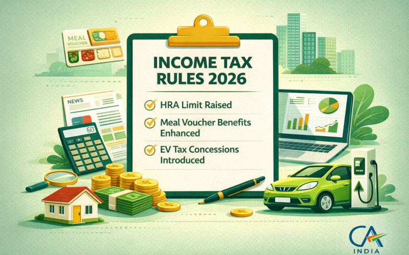 “Infographic explaining Income Tax Rules 2026 in India including HRA limit increase, meal voucher benefits, and EV tax concessions for taxpayers.”