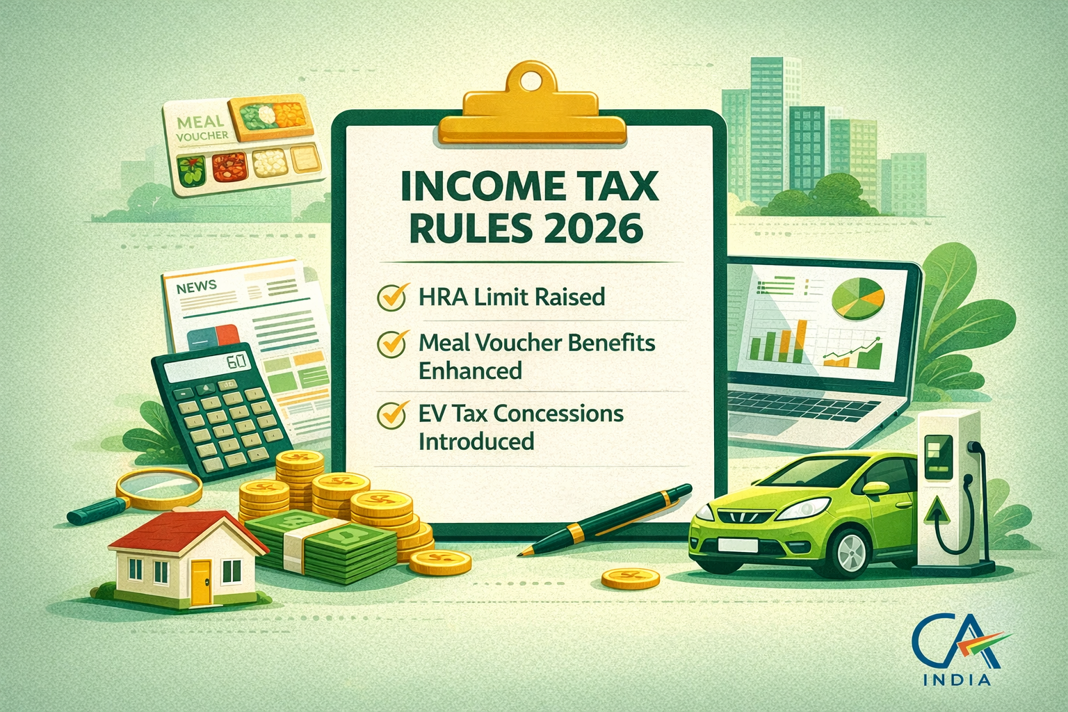 “Infographic explaining Income Tax Rules 2026 in India including HRA limit increase, meal voucher benefits, and EV tax concessions for taxpayers.”