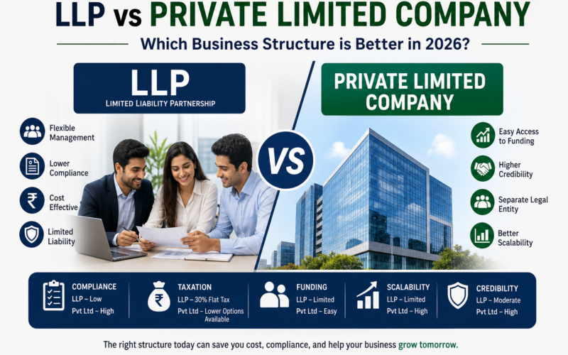 LLP vs Private Limited Company in 2026 infographic comparing compliance, tax rates, funding options, scalability, and credibility in India